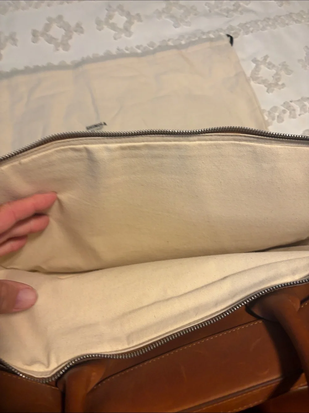 Shinola Cognac Leather Briefcase with Striped Shoulder Strap